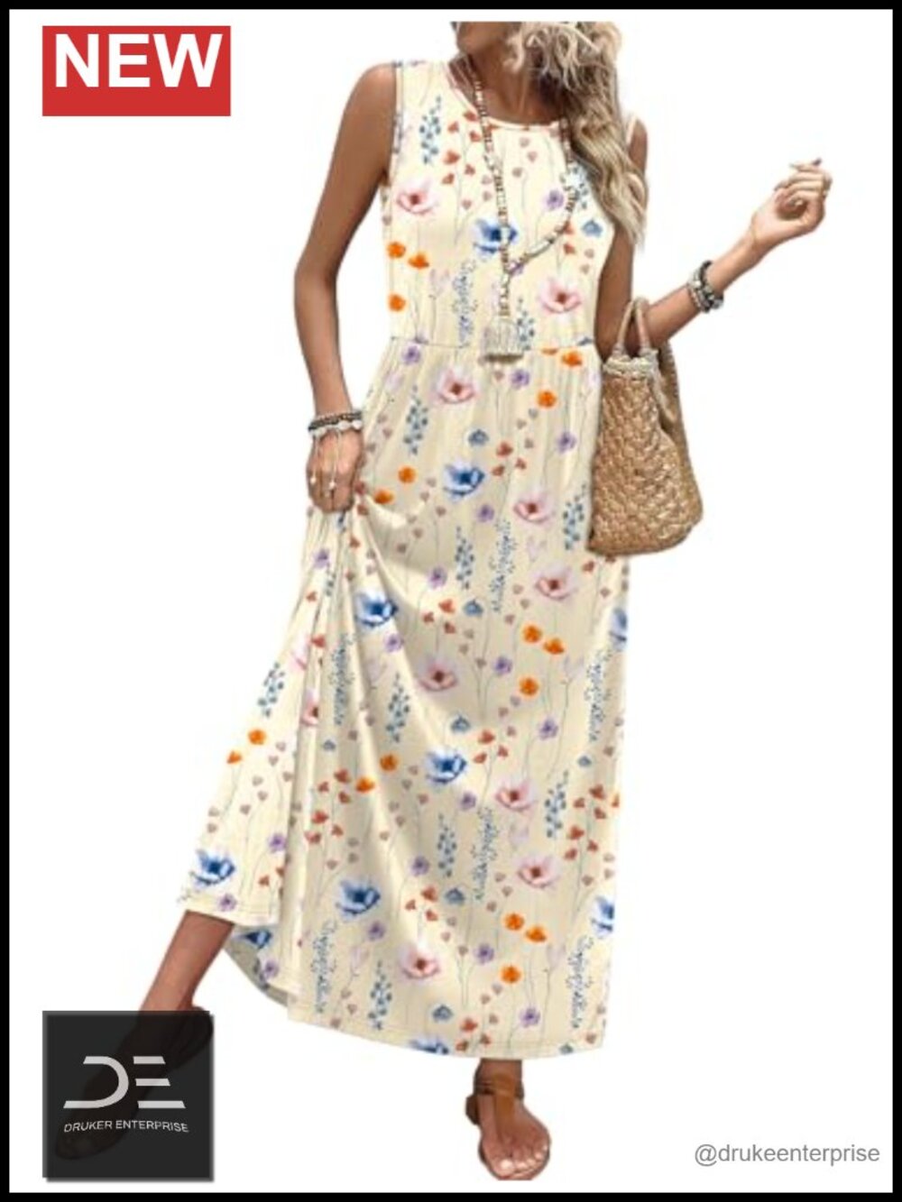 Maxi Dress with Pockets A-Line Flowy Sleeveless Sundress Elastic Waist - Picture 1 of 4
